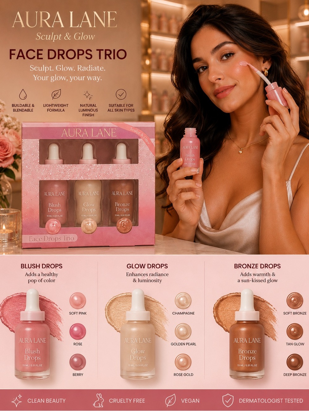 Aura Lane Face Drops Trio — Blush, Glow & Bronze Drops (Pink/Champagne/Bronze)
